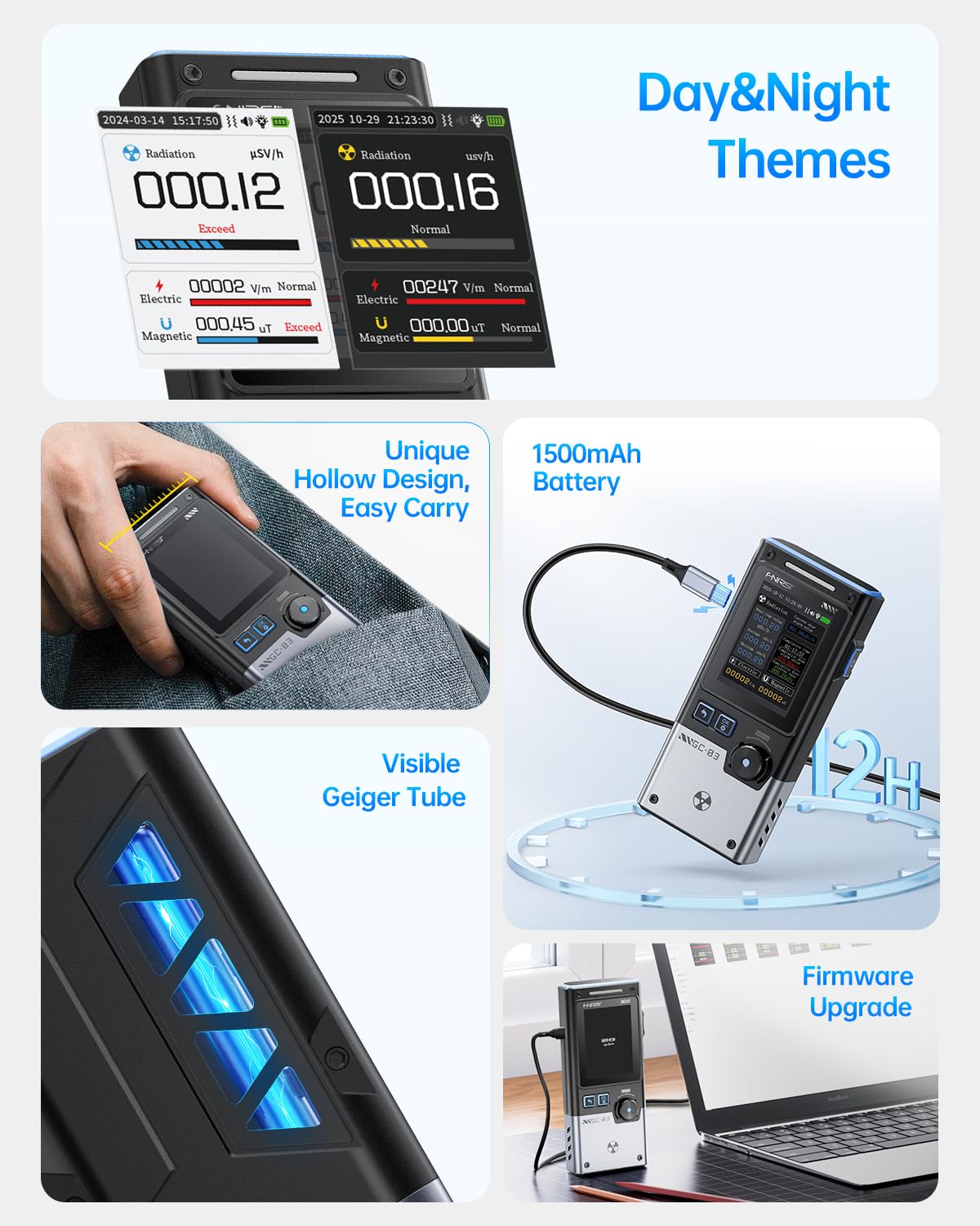 FNIRSI GC-03 3-i-1 elektromagnetisk nuklear strålings detektor digital EMF-meter - LifafaDenmark Aps