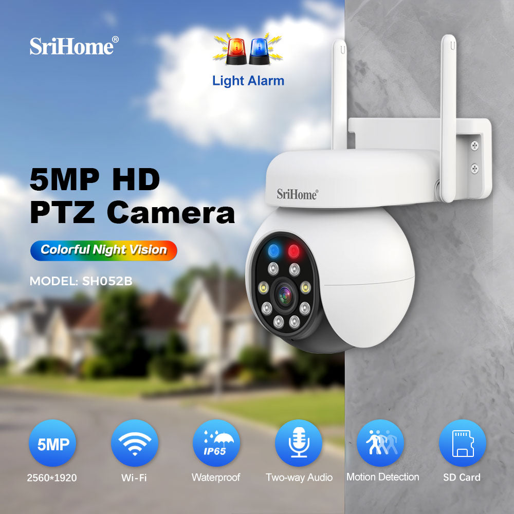 Srihome Wifi 5MP trådløs PTZ IP AI Auto Tracking Lyd og lys Alarm Stjernelys Farve Nattesyn Udendørs Overvågnings kamera