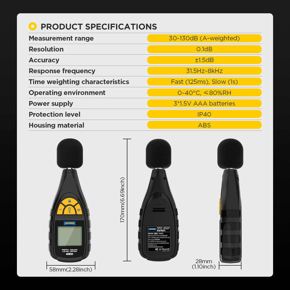 Autool TN201 Decibel måler Lyd niveau måler Støj decibel måler - LifafaDenmark Aps