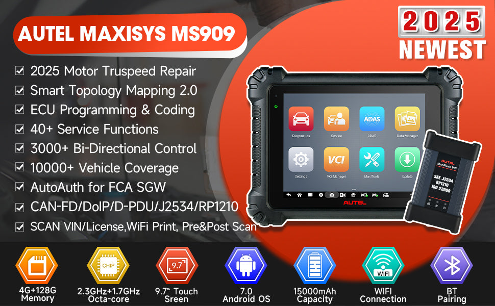 Autel MaxiSys MS909 intelligent scannings værktøj, topologi 2.0, ECU-programmerings kodning, 40+ tjenester, 3.000+ aktive tests - LifafaDenmark Aps