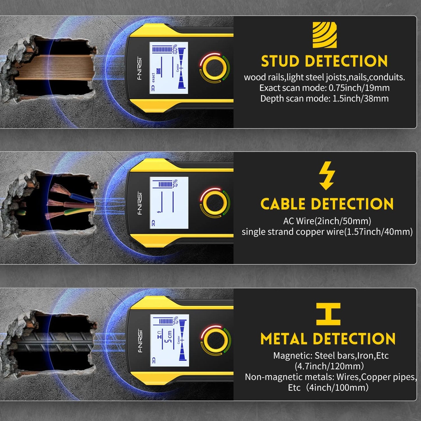 6 i 1 Metal detektor Vægscanner til AC Live Kabel Ledninger Træstud Find