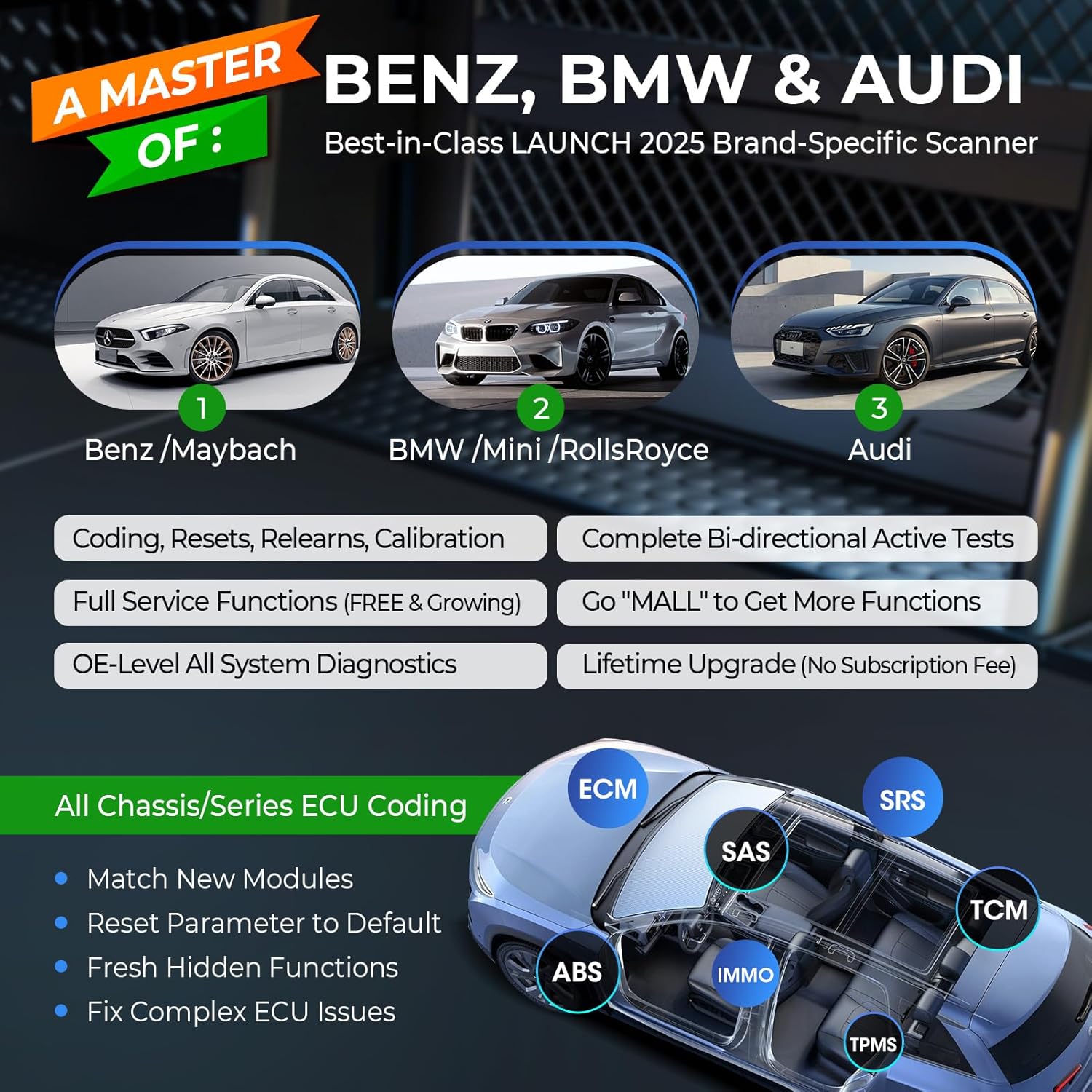 LAUNCH X431 Creader Elite 2.0 BBA OBD2 bil scanner til BMW, Mercedes-Benz, VW, Audi, Maybach, Mini, RollsRoyce - LifafaDenmark Aps