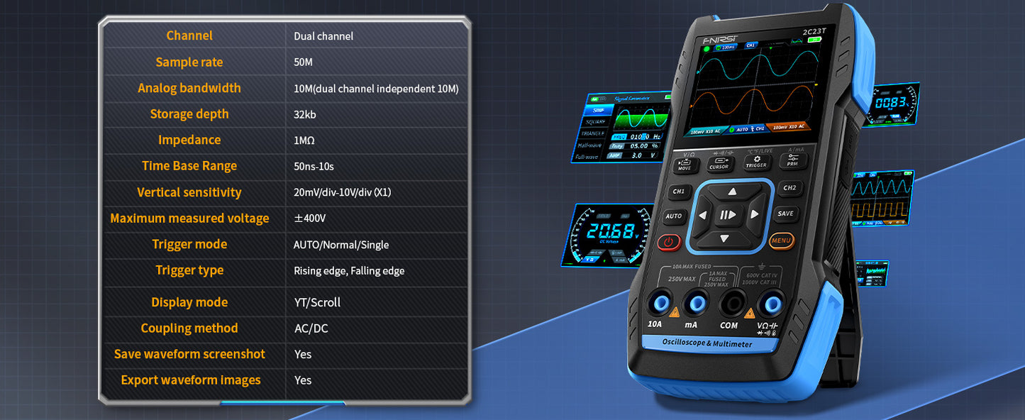 To-kanals 3-i-1 Digital Oscilloskop Multimeter Dual CH Function Signal Generator