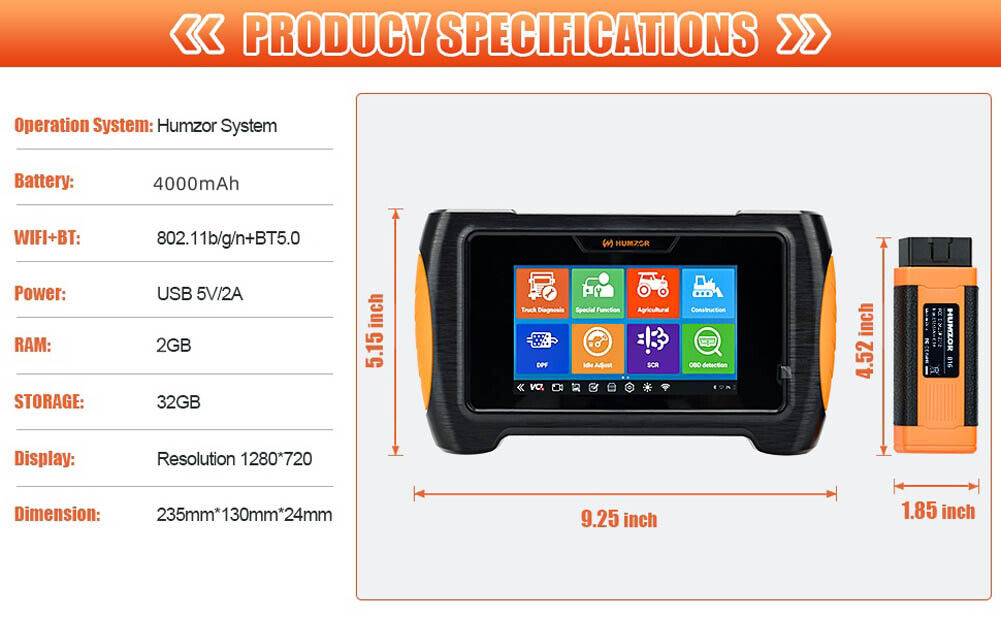 Humzor Np816 diagnostiskt verktyg för hela systemet för 12-24V lastbilar OBD2