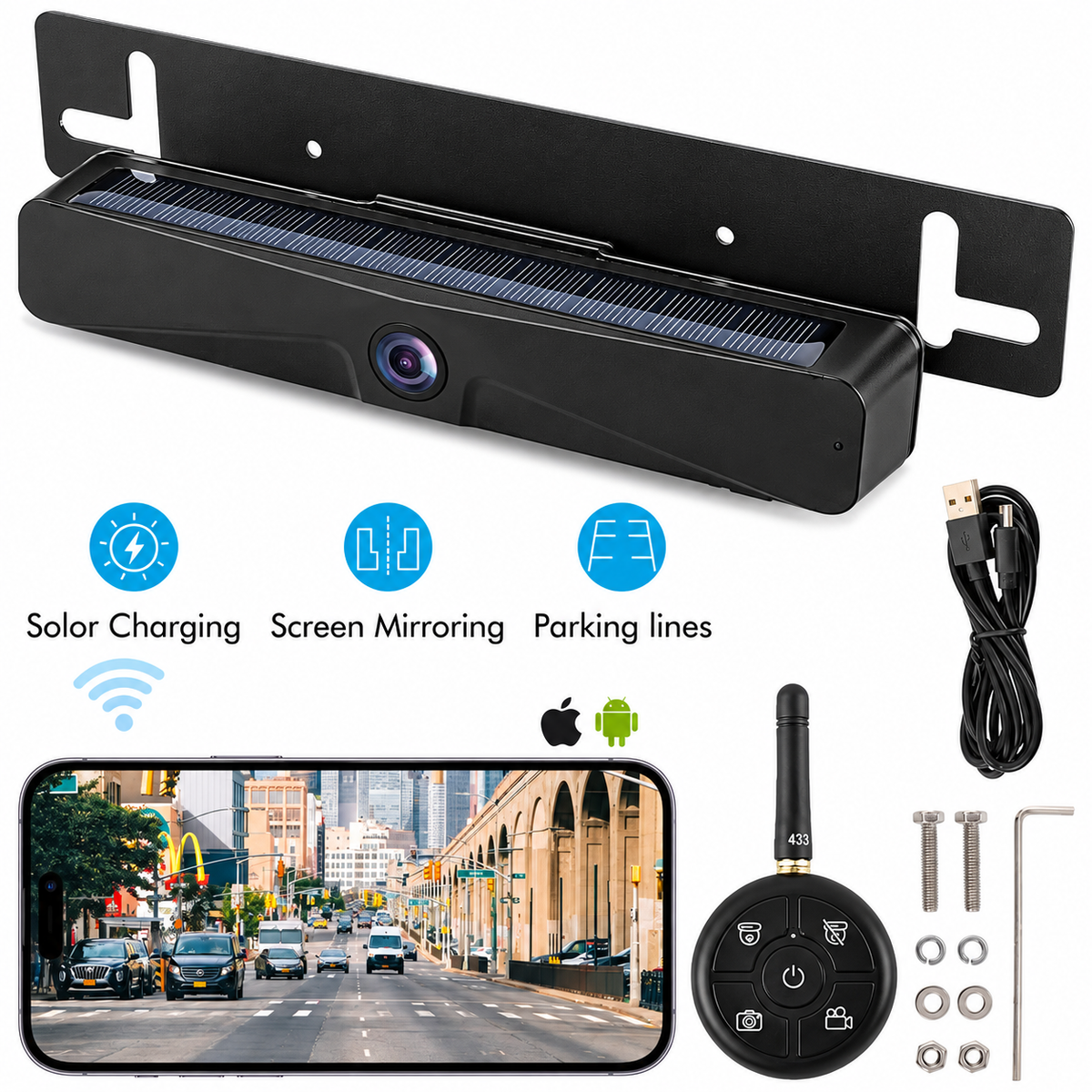 WiFi Trådlös Solar HD 1080P Backkamera med Inbyggt 4800mAh Batteri