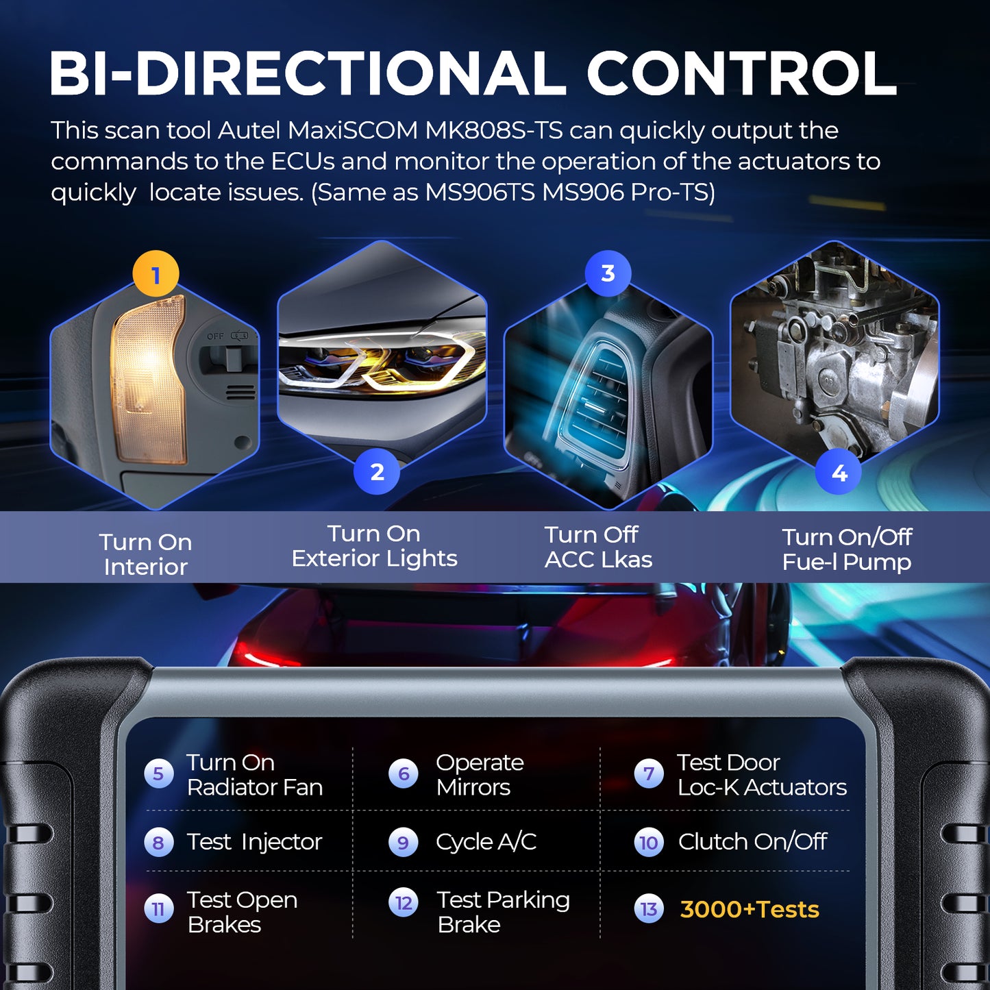 Autel MaxiCOM MK808S-TS OBD2 scanner med tovejstest, 28 servicer, 150 mærker, TPMS-programmering