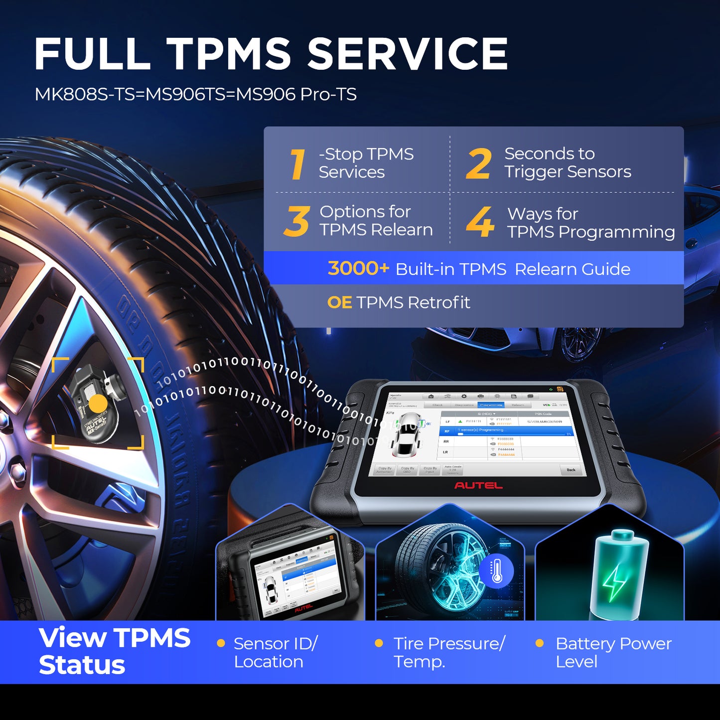 Autel MaxiCOM MK808S-TS OBD2 scanner med tovejstest, 28 servicer, 150 mærker, TPMS-programmering