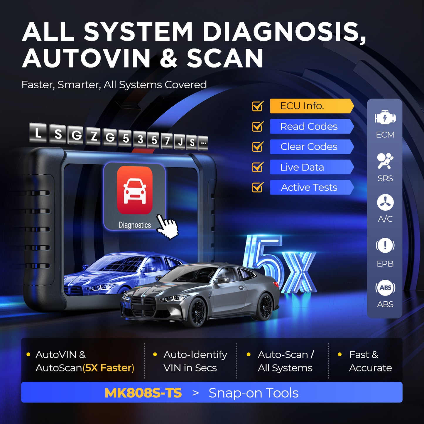 Autel MaxiCOM MK808S-TS OBD2 scanner med tovejstest, 28 servicer, 150 mærker, TPMS-programmering