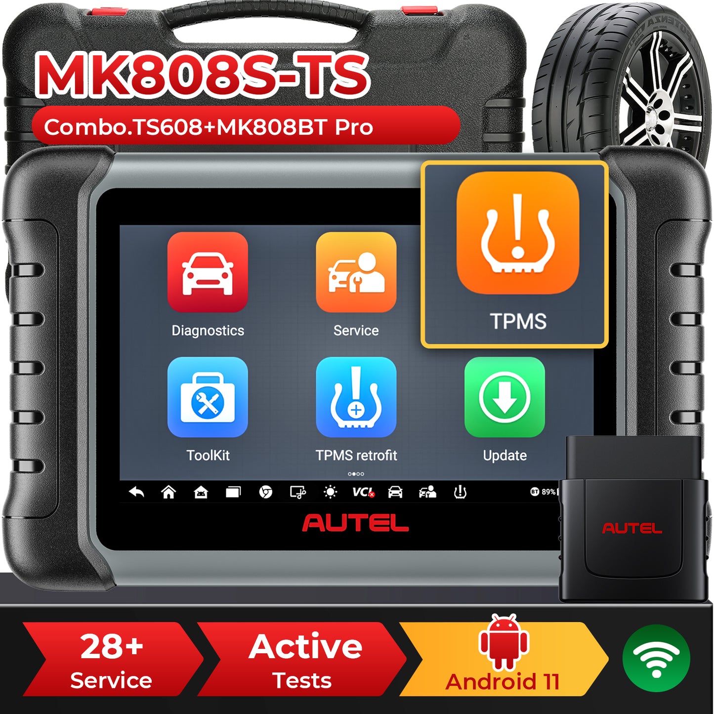 Autel MaxiCOM MK808S-TS OBD2 scanner med tovejstest, 28 servicer, 150 mærker, TPMS-programmering