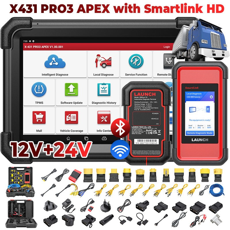 LAUNCH X431 PRO3 APEX + Smartlink HD, Alt i en 12V + 24V bil og lastbil tester (10" tablet + 2 års gratis software opdateringer) - LifafaDenmark Aps