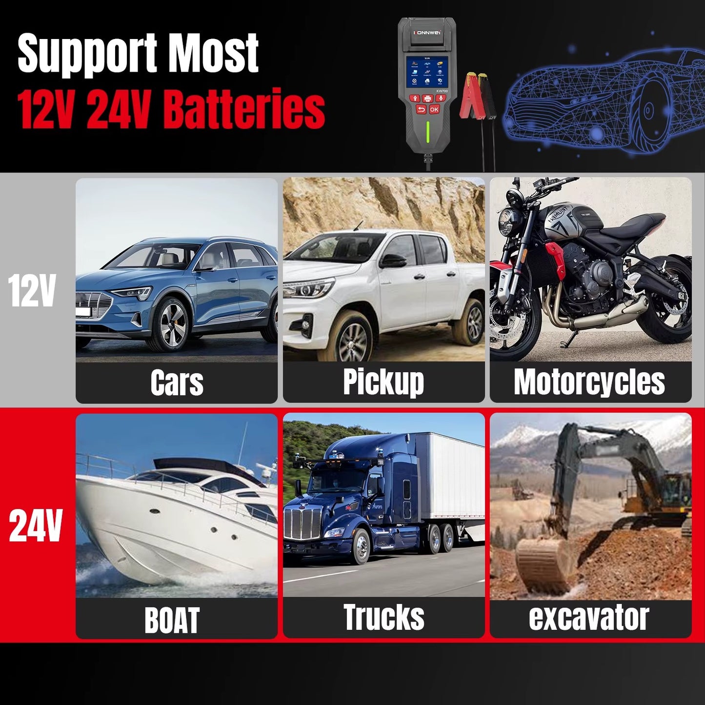KONNWEI KW700 Professionel 12V 24V Bil batteri tester Indbygget med Printer