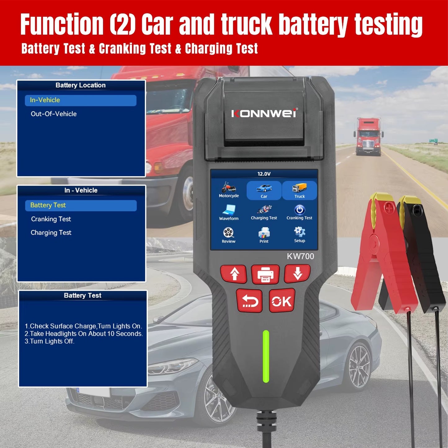 KONNWEI KW700 Professionel 12V 24V Bil batteri tester Indbygget med Printer