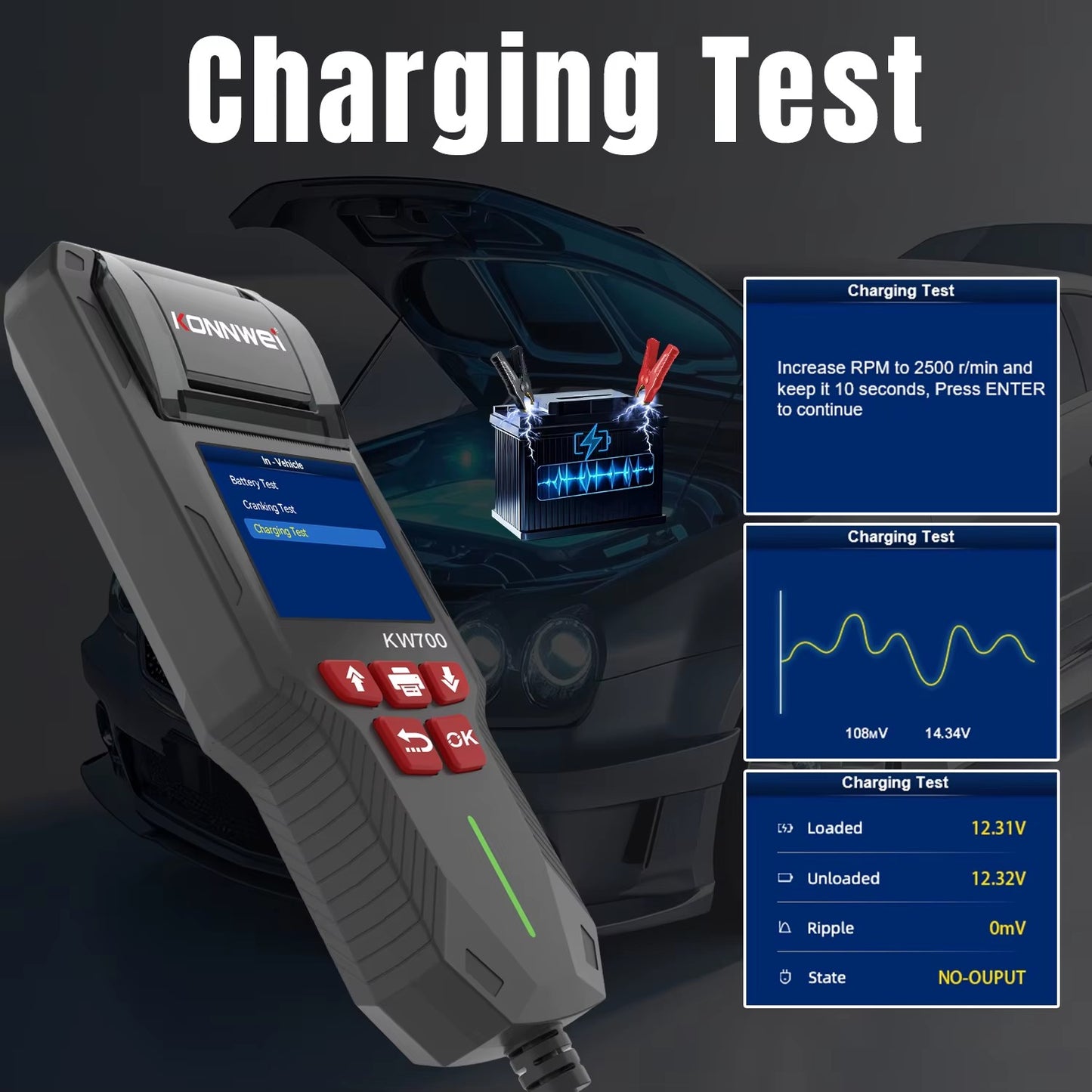 KONNWEI KW700 Professionel 12V 24V Bil batteri tester Indbygget med Printer