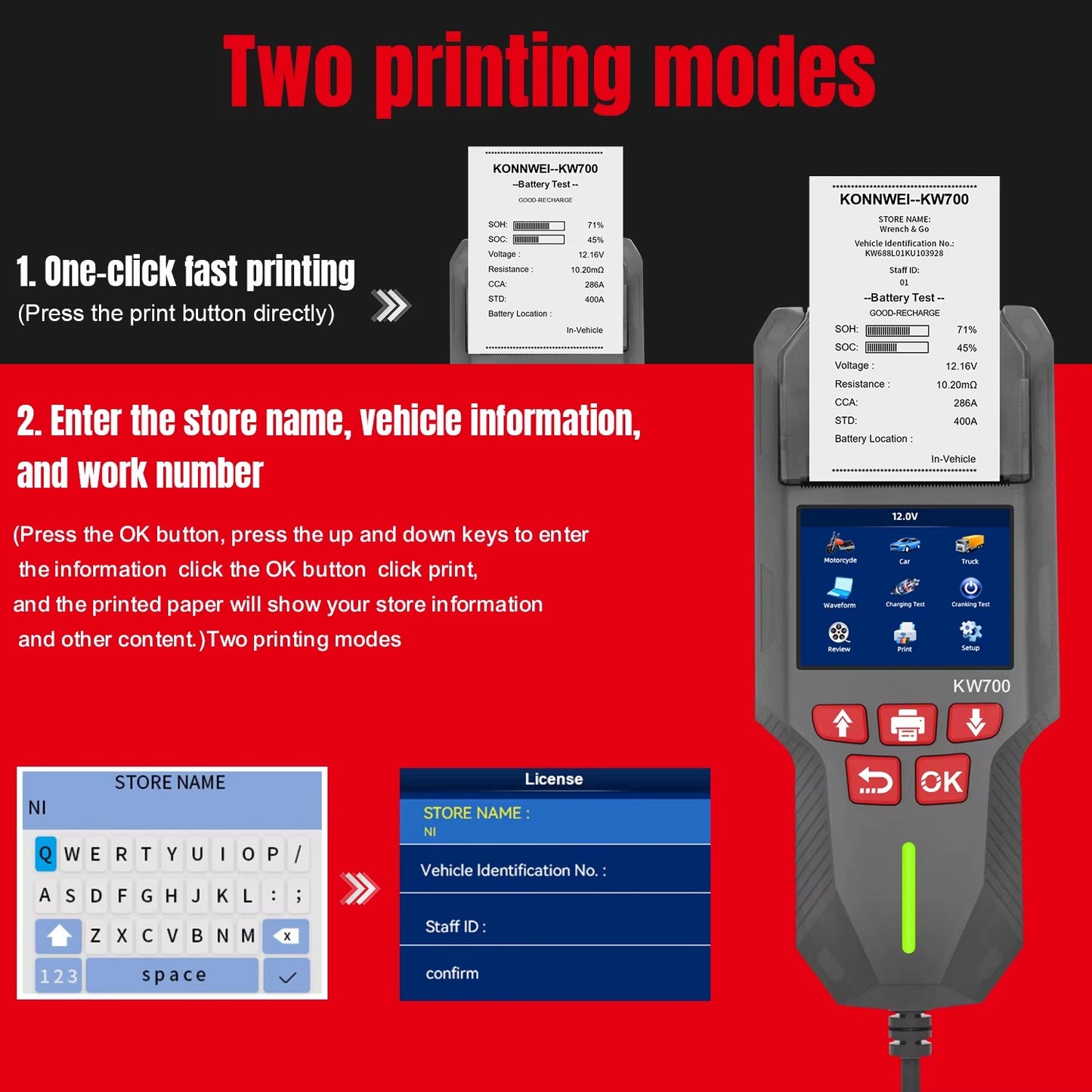 KONNWEI KW700 Professionel 12V 24V Bil batteri tester Indbygget med Printer