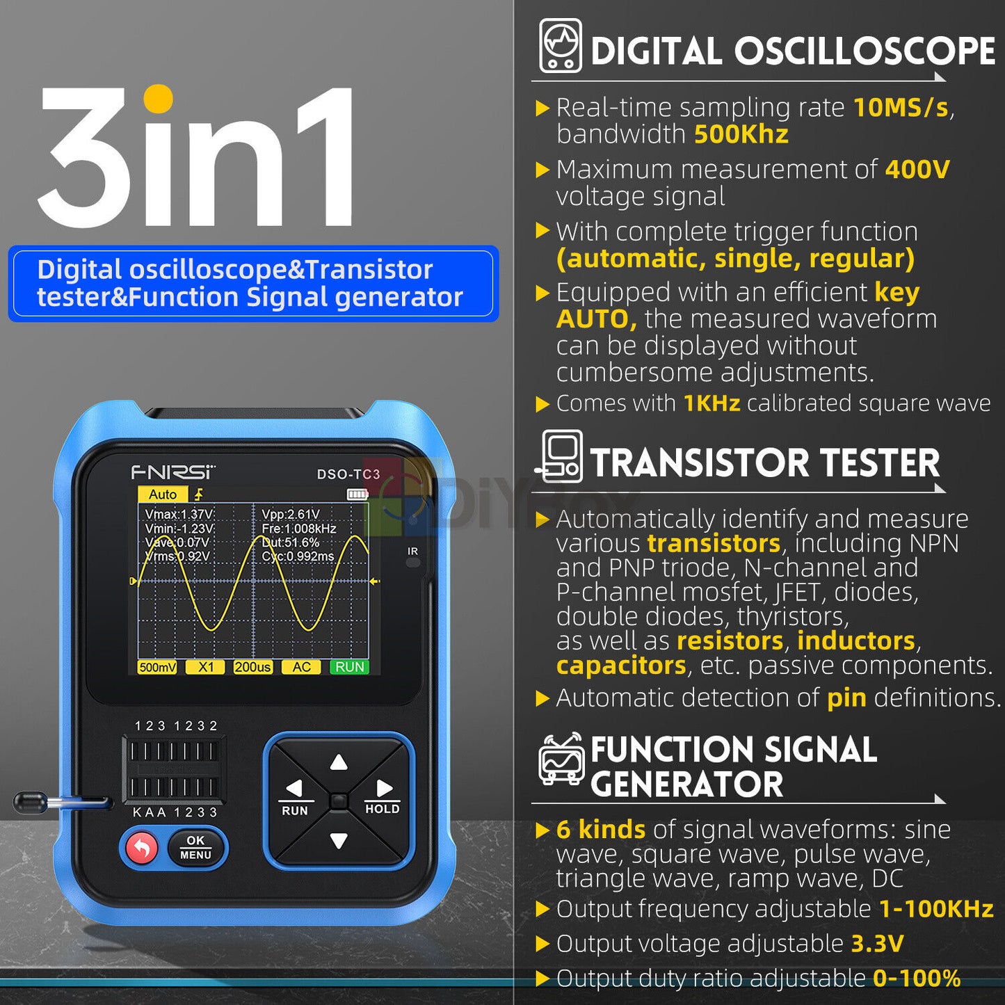 3 i 1 FNIRSI DSO-TC3 Digital Oscilloskop Transistor Tester Signal Generator (avanceret version)