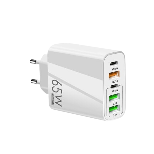GaN 65W 5-ports USB-C USB PD QC 3.0 Hurtigoplader EU Plug Wall Charger - LifafaDenmark Aps