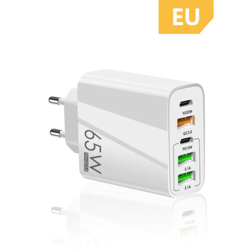 GaN 65W 5-ports USB-C USB PD QC 3.0 Hurtigoplader EU Plug Wall Charger - LifafaDenmark Aps
