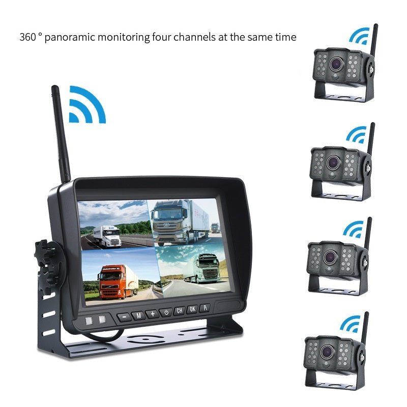 AHD 4-kanals digital DVR-optagermonitor med trådløst AHD-kamera forfra bagfra til lastbil, trailer, bus, campingvogn, pickup