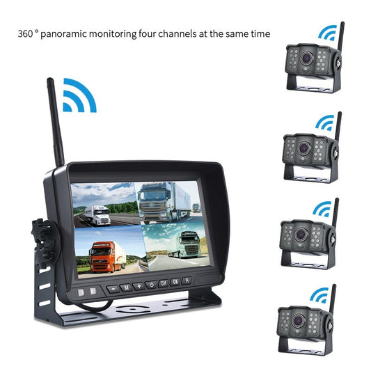 AHD 4-kanals digital DVR-optager monitor med trådløst AHD-kamera forfra bagfra til lastbil, trailer, bus, campingvogn, pickup