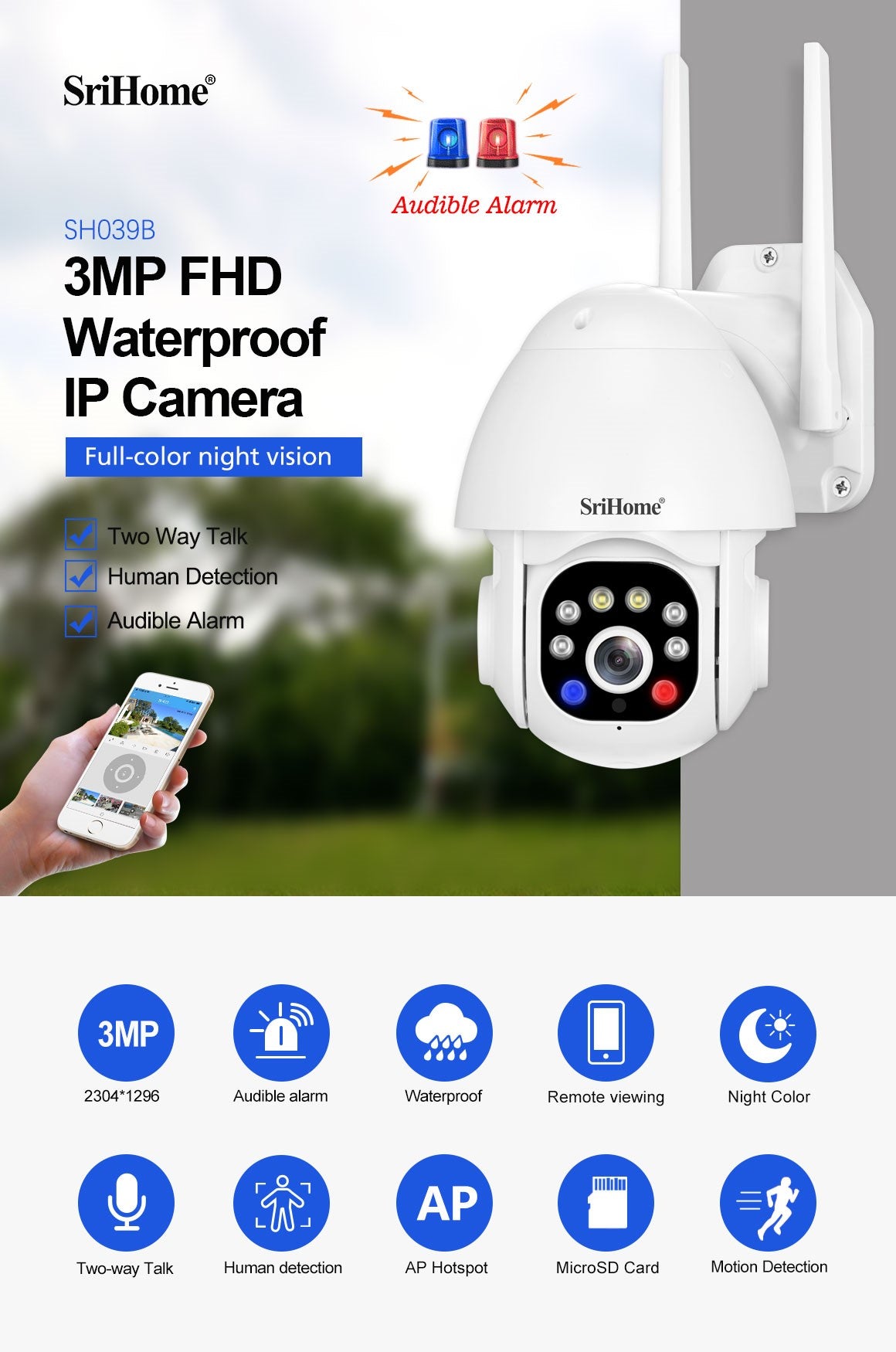 SRIHOME 360 ° 3MP, FHD, vandtæt IP-kamera, Fuldfarve Nattesyn
