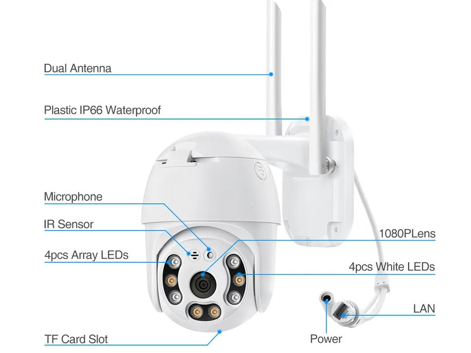 Trådløst Udendørs AI Human Detection Audio 1080P PTZ IP-kamera med P2P digital zoom