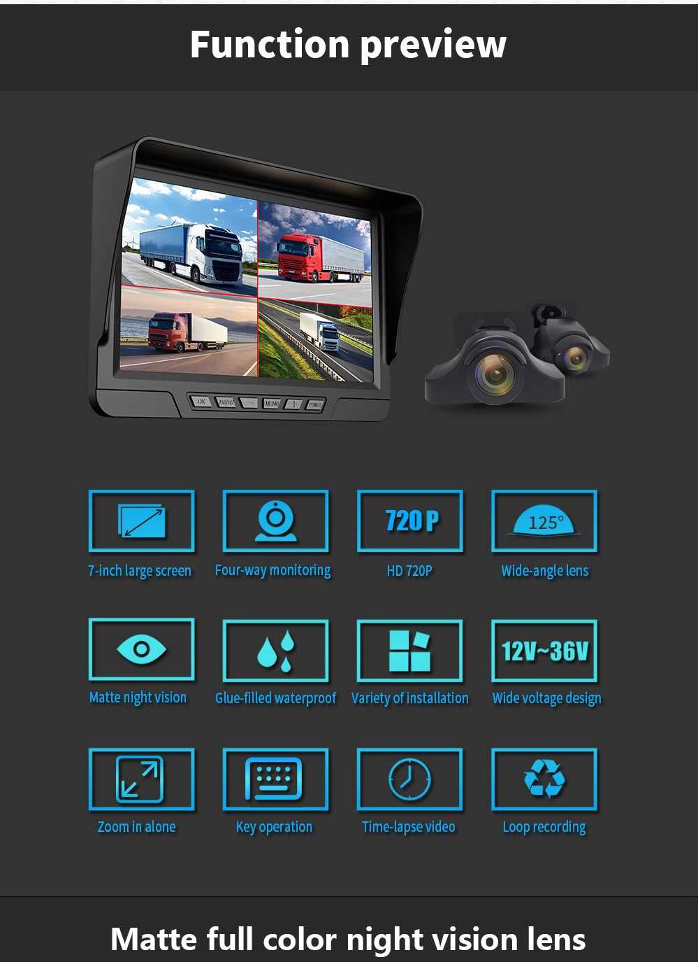 7 Tommer Quad Split Monitor Screen 4x Backup CCD-kamerasystem til baku ...