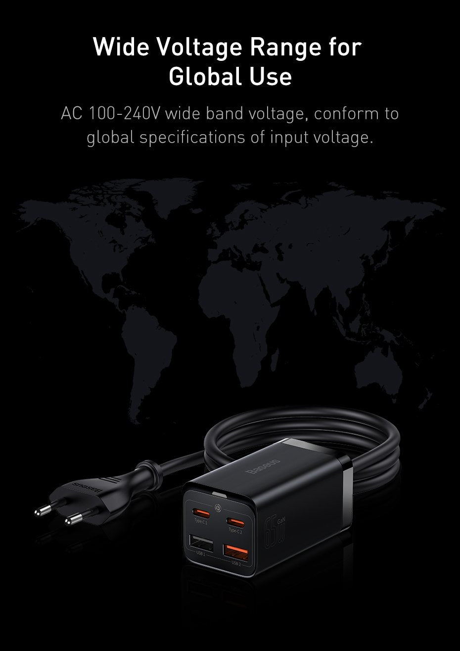 65W 4-ports USB PD GaN-oplader Desktop-strømadapter + AUCN100W USB-C-kabel med EU-stikkonverter
