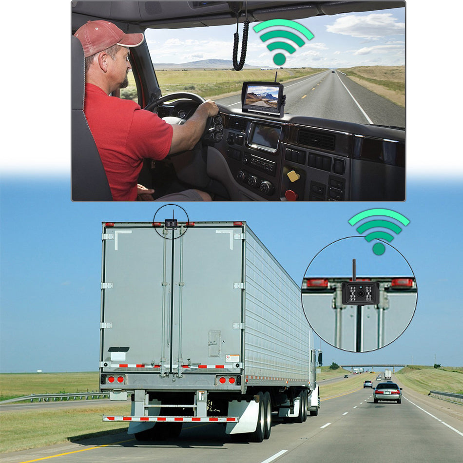 AHD 4-kanals digital DVR-optagermonitor med trådløst AHD-kamera forfra bagfra til lastbil, trailer, bus, campingvogn, pickup