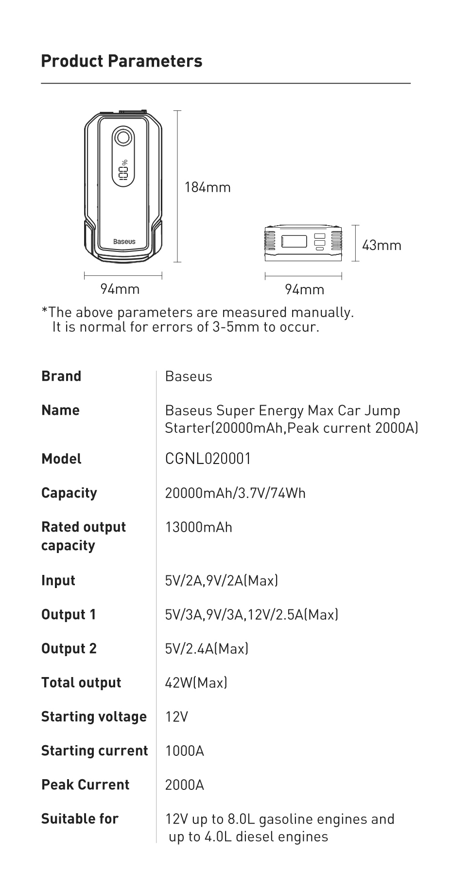 Baseus 20000mAh Bil Jump Starter Power Bank 2000A Bil Batterioplader Auto