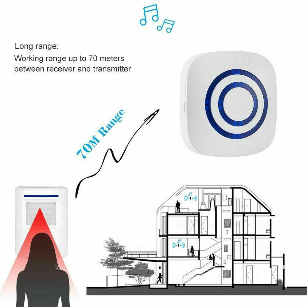 Trådløs Chime LED-dørklokkealarm PIR-bevægelse IR-sensordetektor Alert Hjem Safe 1 sensor + 2 klokker