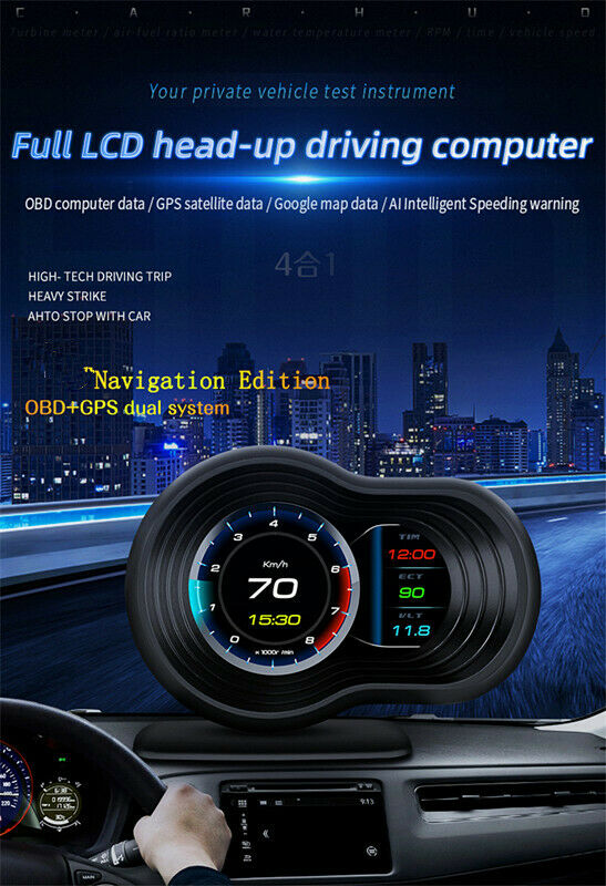 Multifunktionel bil HUD Head-up navigationsskærm Gauge Data Scanner OBD2 GPS