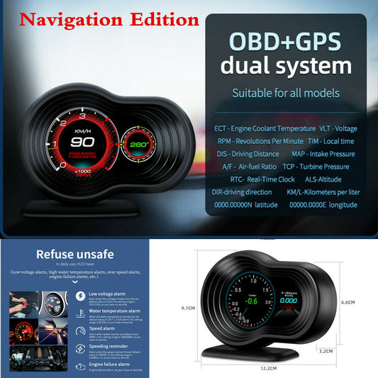 Multifunktionel bil HUD Head-up navigationsskærm Gauge Data Scanner OBD2 GPS - LifafaDenmark Aps