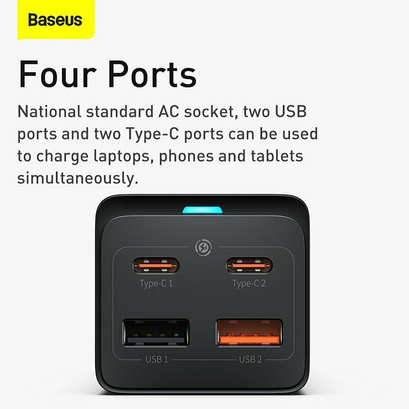 65W 4-ports USB PD GaN-oplader Desktop-strømadapter + AUCN100W USB-C-kabel med EU-stikkonverter - LifafaDenmark Aps