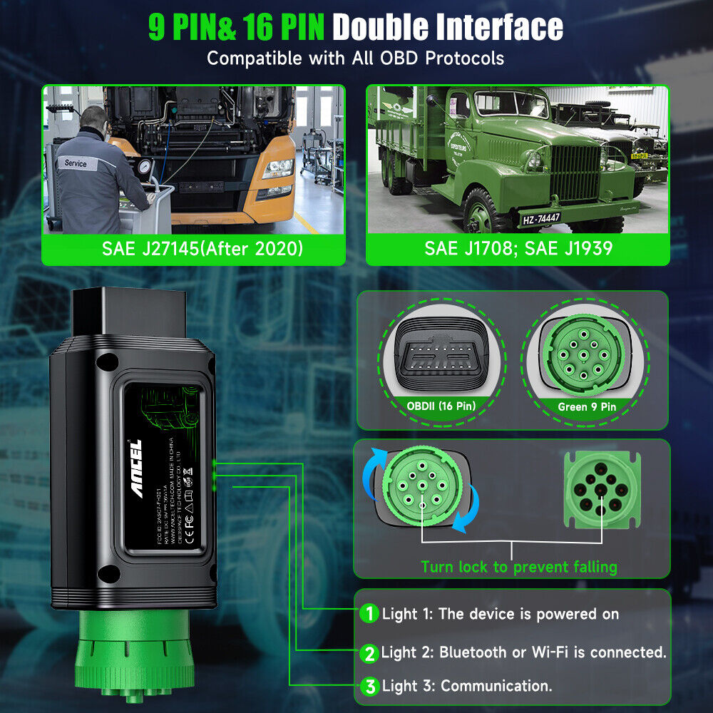 Ancel HD110 Diesel HD OBD Truck Scanner OBD2 DPF Regen til Detroit Paccar Engine