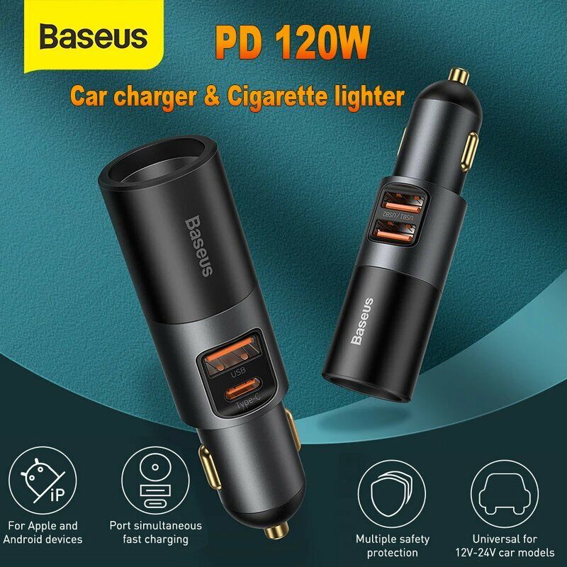Baseus 120W bil mobiloplader Type C USB PD3.0 Hurtig opladning cigaret tænder adapter