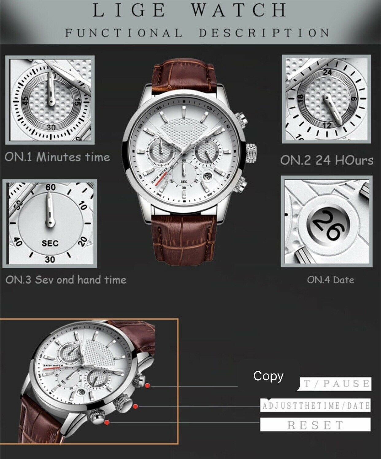 Men's Watch Leather Chronograph Waterproof Date Quartz - LifafaDenmark Aps