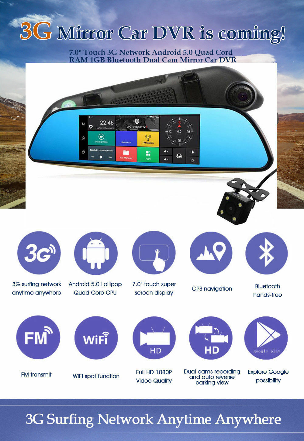 7 '' Android Dual-objektiv Bil bagfra Spejlekamera DVR GPS Dash Cam WIFI - Lifafa Denmark