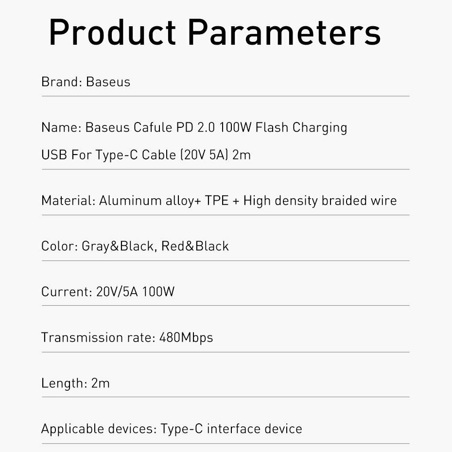 Baseus 100W USB Type C til Type C opladerkabel Hurtig opladning til Macbook Samsung