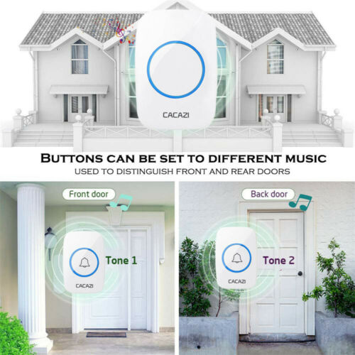 Wireless Doorbell Waterproof Door Chime 2 Remote Button+1 Plug-In Receiver White